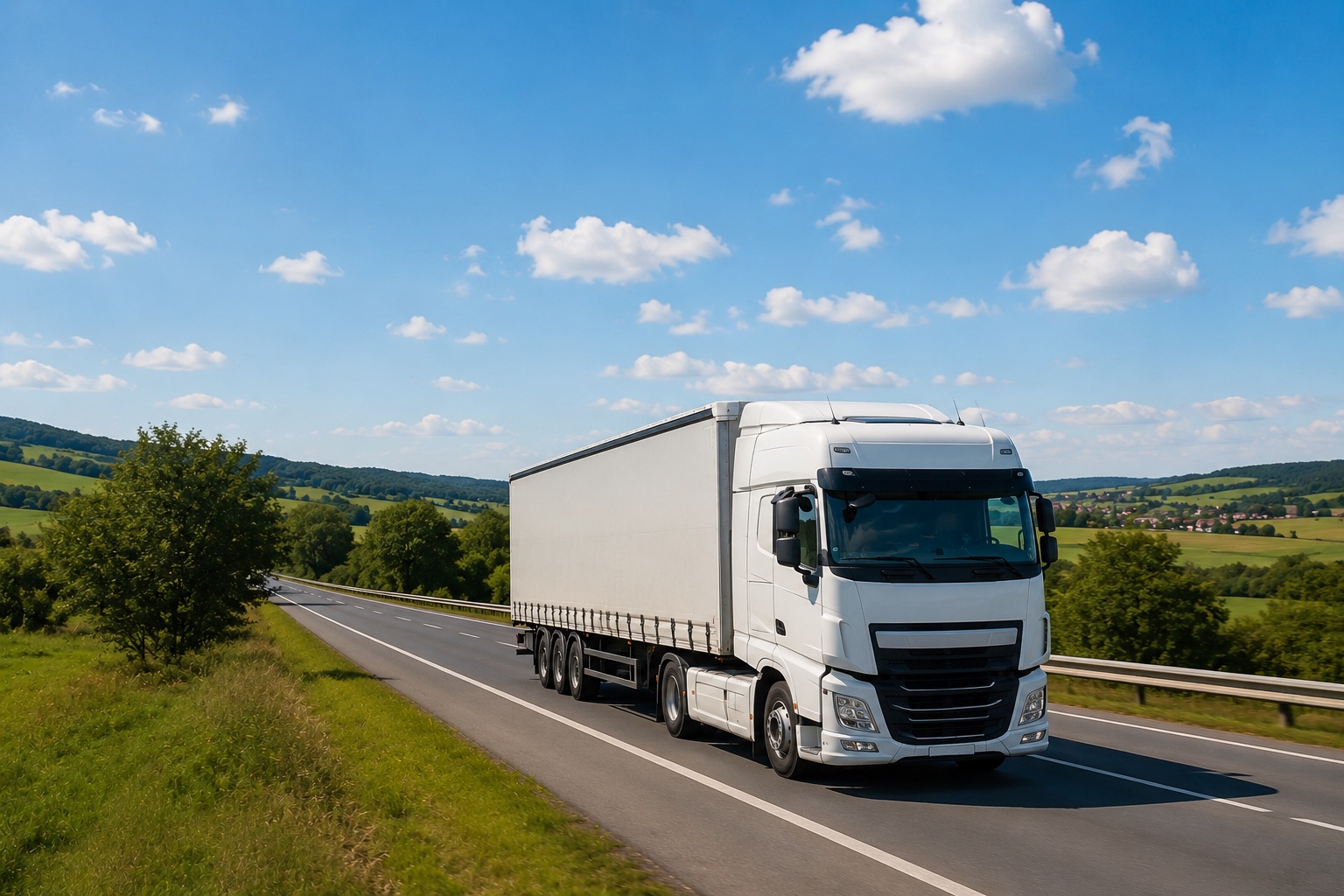 A blue lorry on a European motorway at sunset, freight terminal in the background