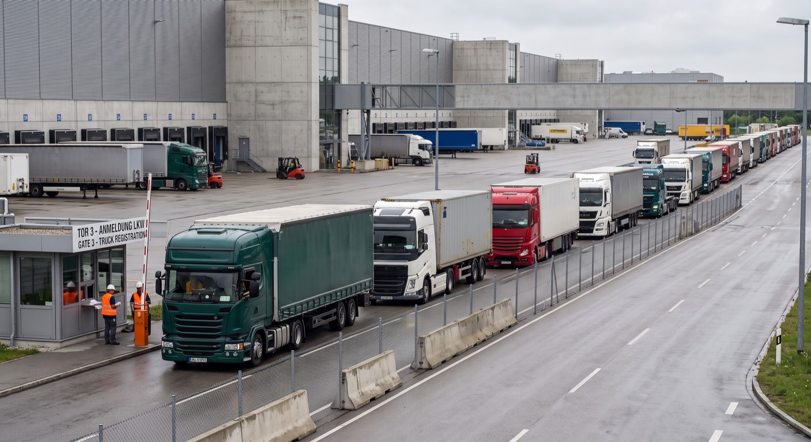 A line of trucks queued at a logistics center gate waiting for registration